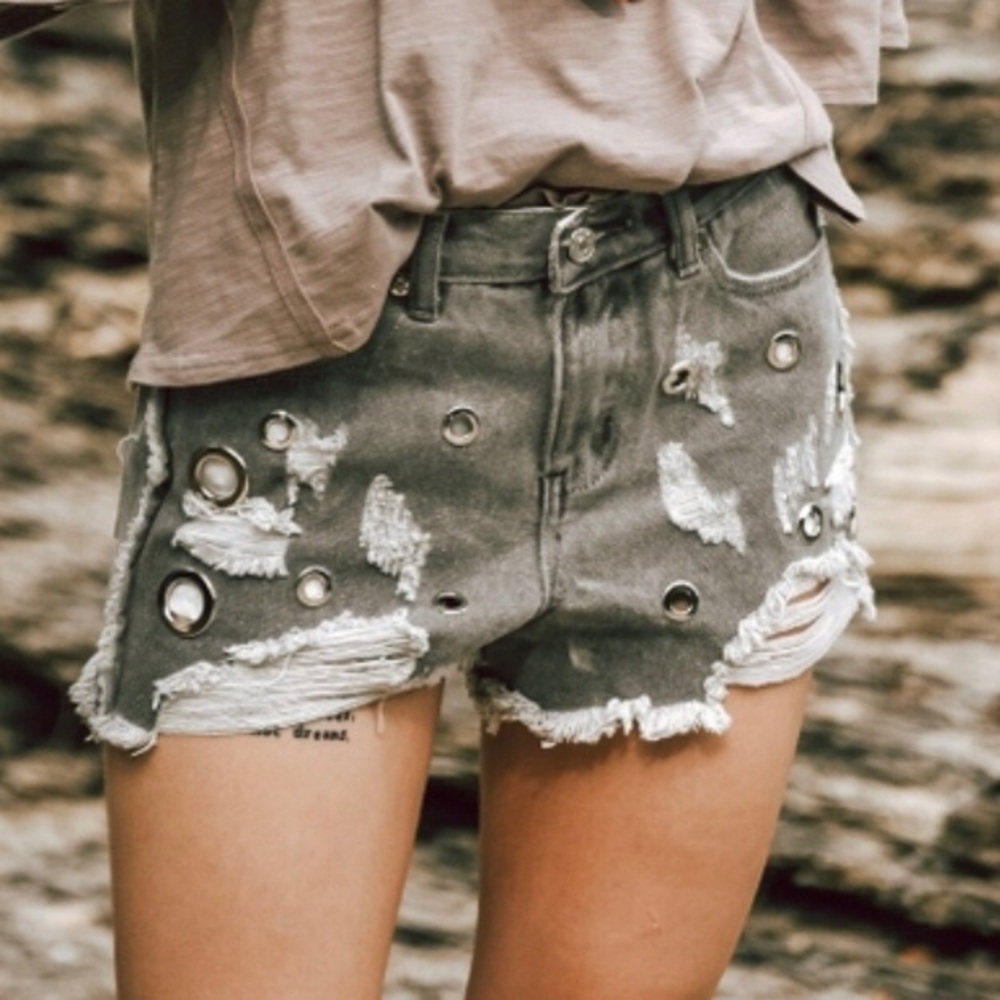 SALE POL Grey Denim Distressed Raw Edge Grommet Shorts